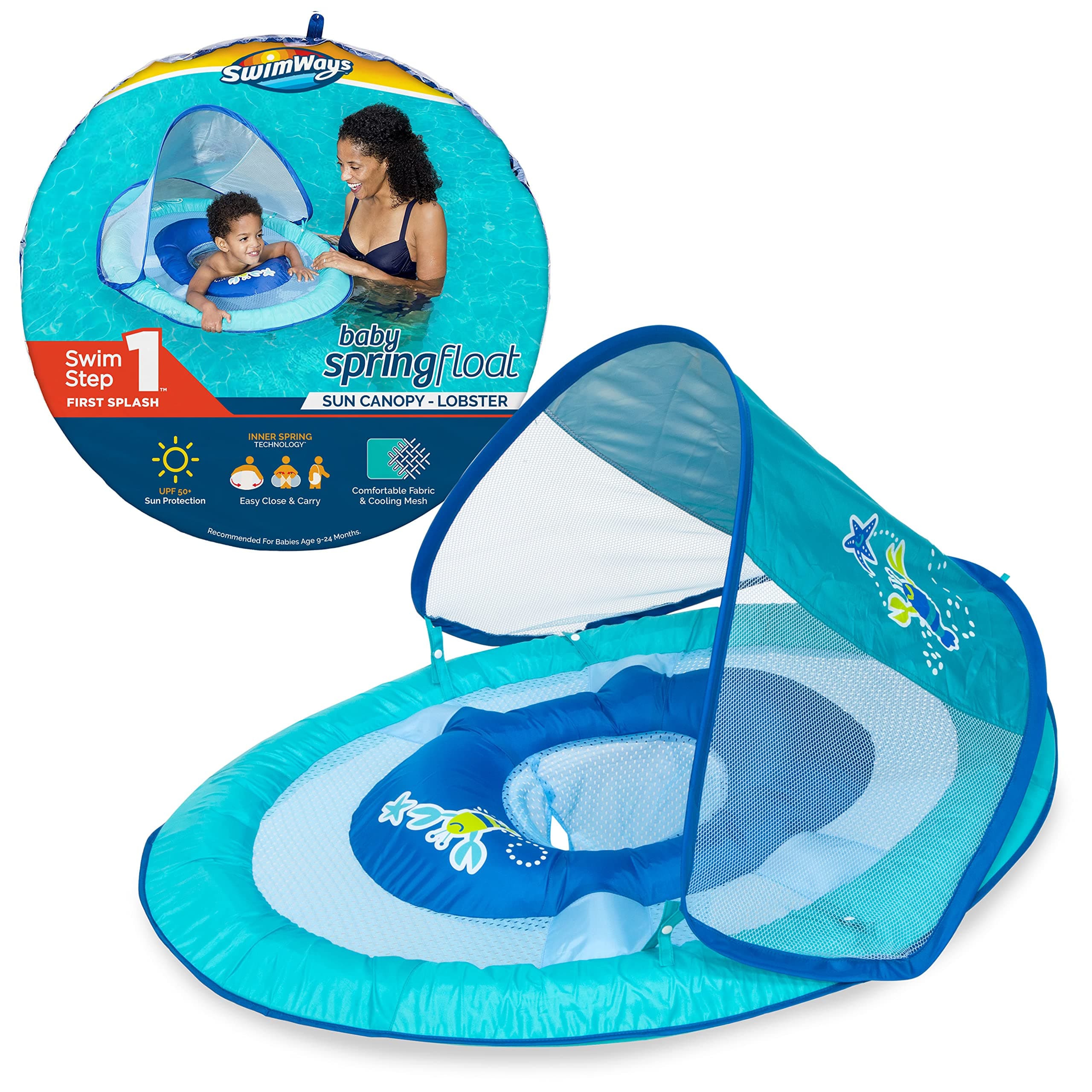 SwimWays Baby Spring Float with Adjustable Canopy and UPF Sun Protection, Blue Lobster