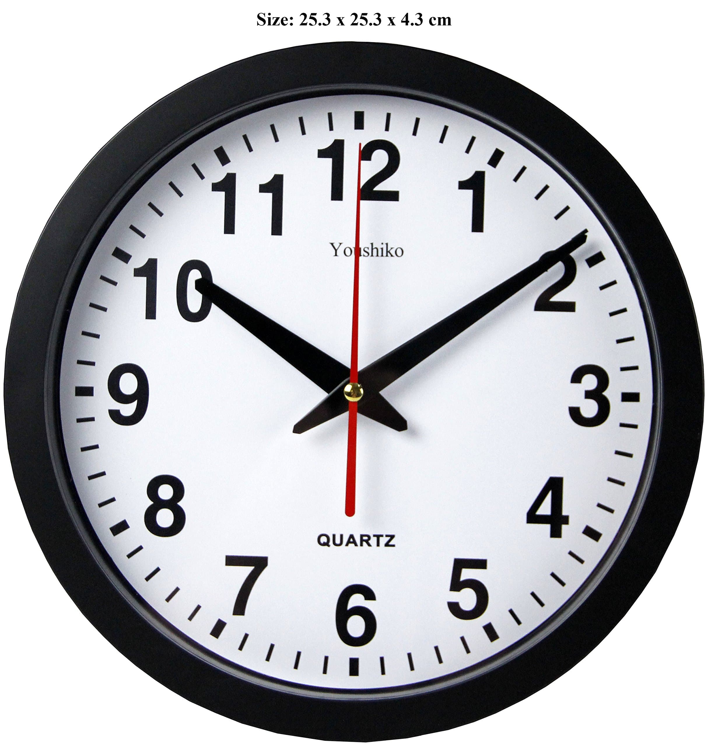 Stylish Black & White Bold Classic Quartz Wall Clock Non Ticking Silent (25cm / 10-Inch Diameter), Home/Kitchen/Office/School Clock, Easy to Read