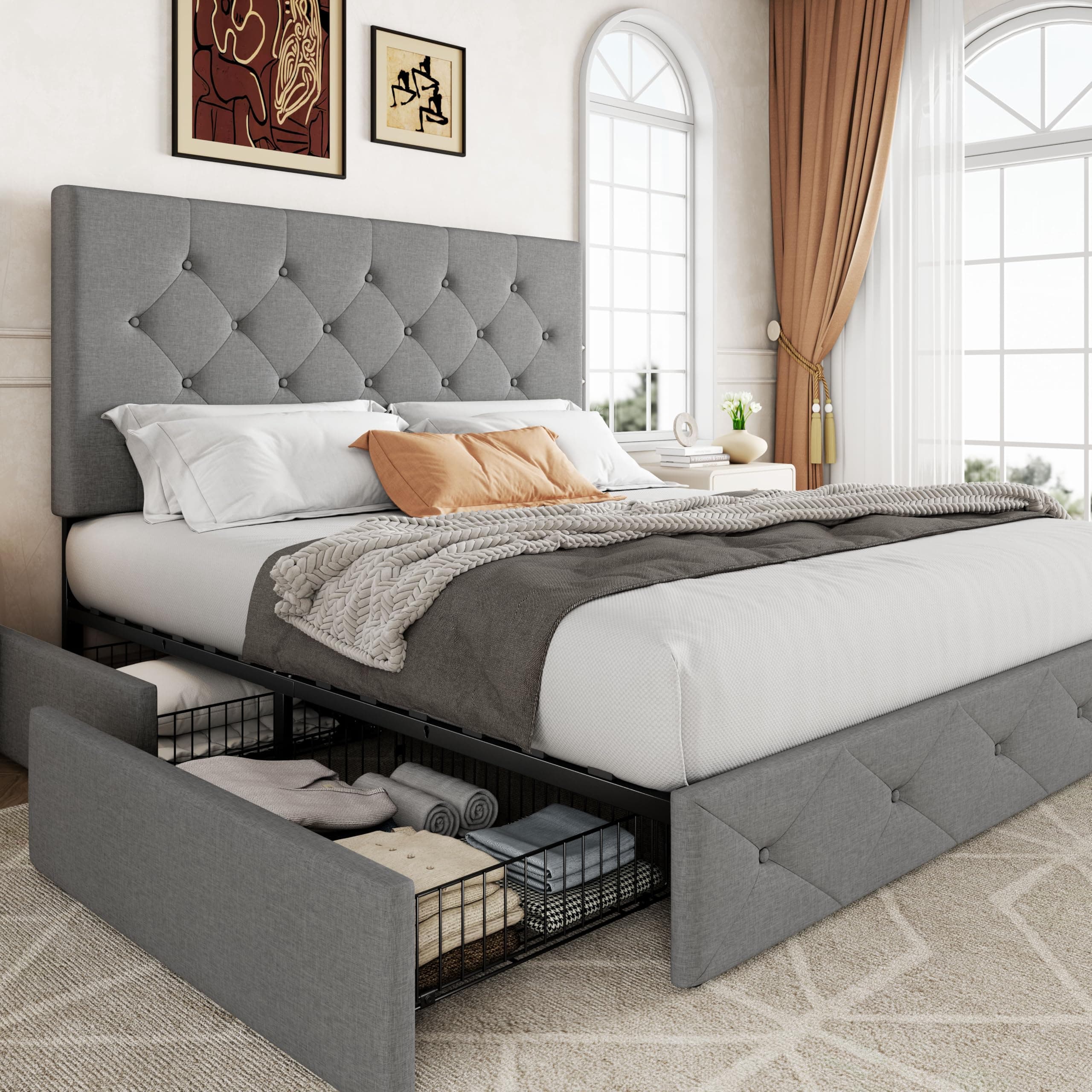 Upholstered Queen Size Platform Bed Frame with 4 Storage Drawers and Headboard, Diamond Stitched Button Tufted Mattress Foundation with Wooden Slats Support, Light Grey
