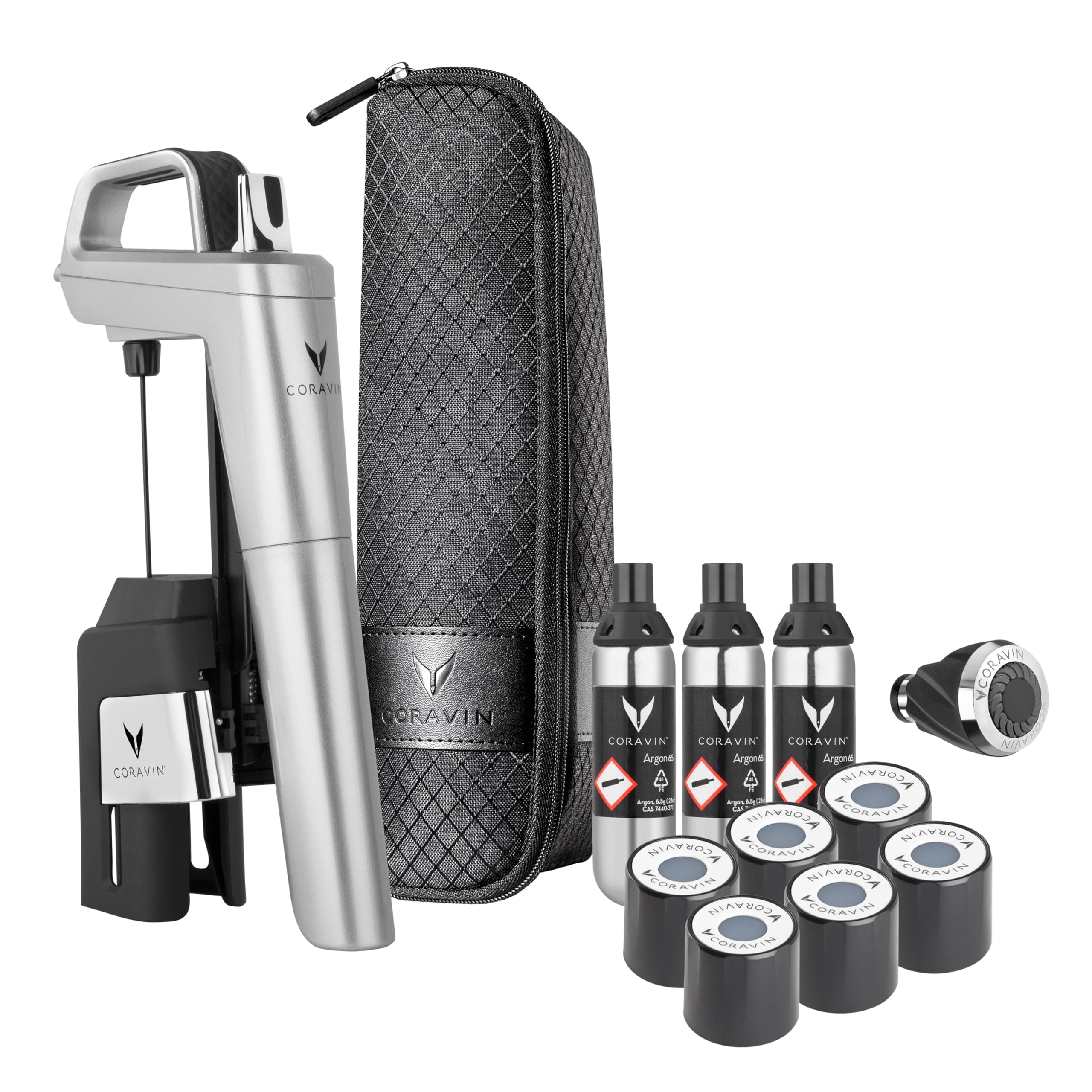 Timeless Six Plus Wine Preservation System - By-the-Glass Wine Saver - With 3 Pure Argon Gas Capsules, 6 Screw Caps & Wine Aerator - Silver