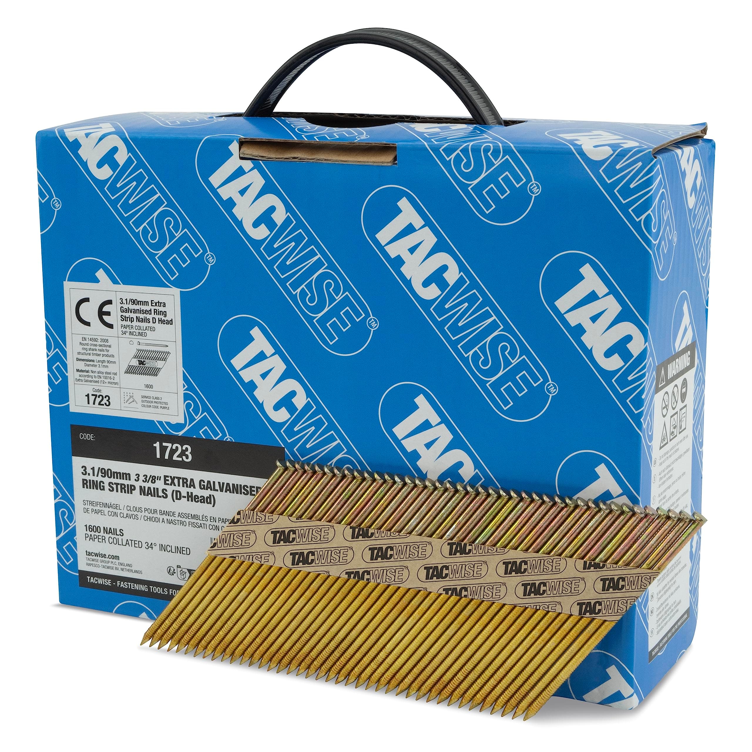 1723 3.1/90 mm Extra Galvanised Framing Nails, D Head, Ring Shank, 34° Inclined, Paper Collated, Pack of 1600