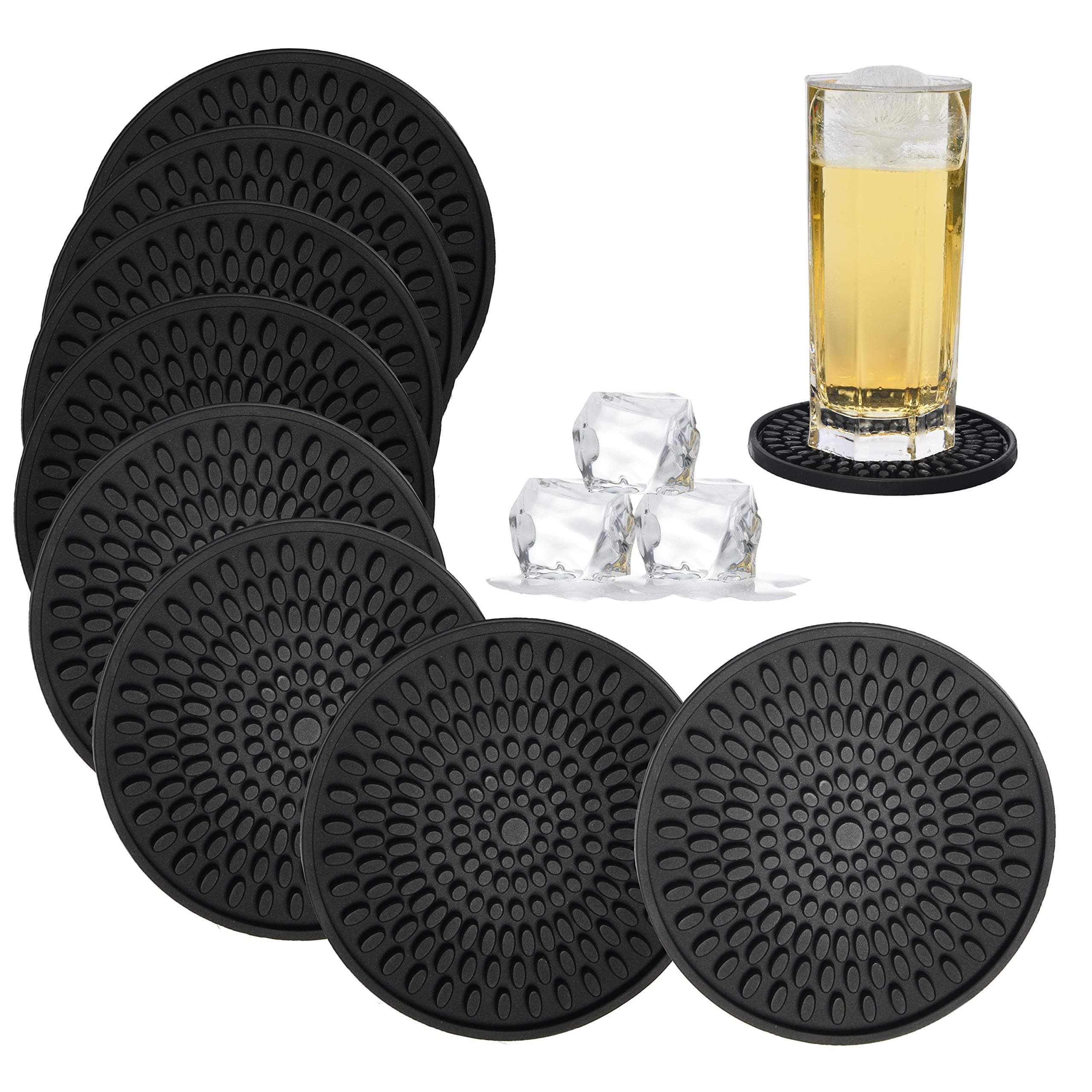 KindGa Coasters for Drinks Black, Absorbent Rubber Coaster Set, Silicone Drink Coasters for Large Mug/Cup/Bottle, Deep Tray 4.3 Inch Oval Shape Jar Opener Heat-Resistant Grips (Set of 8)