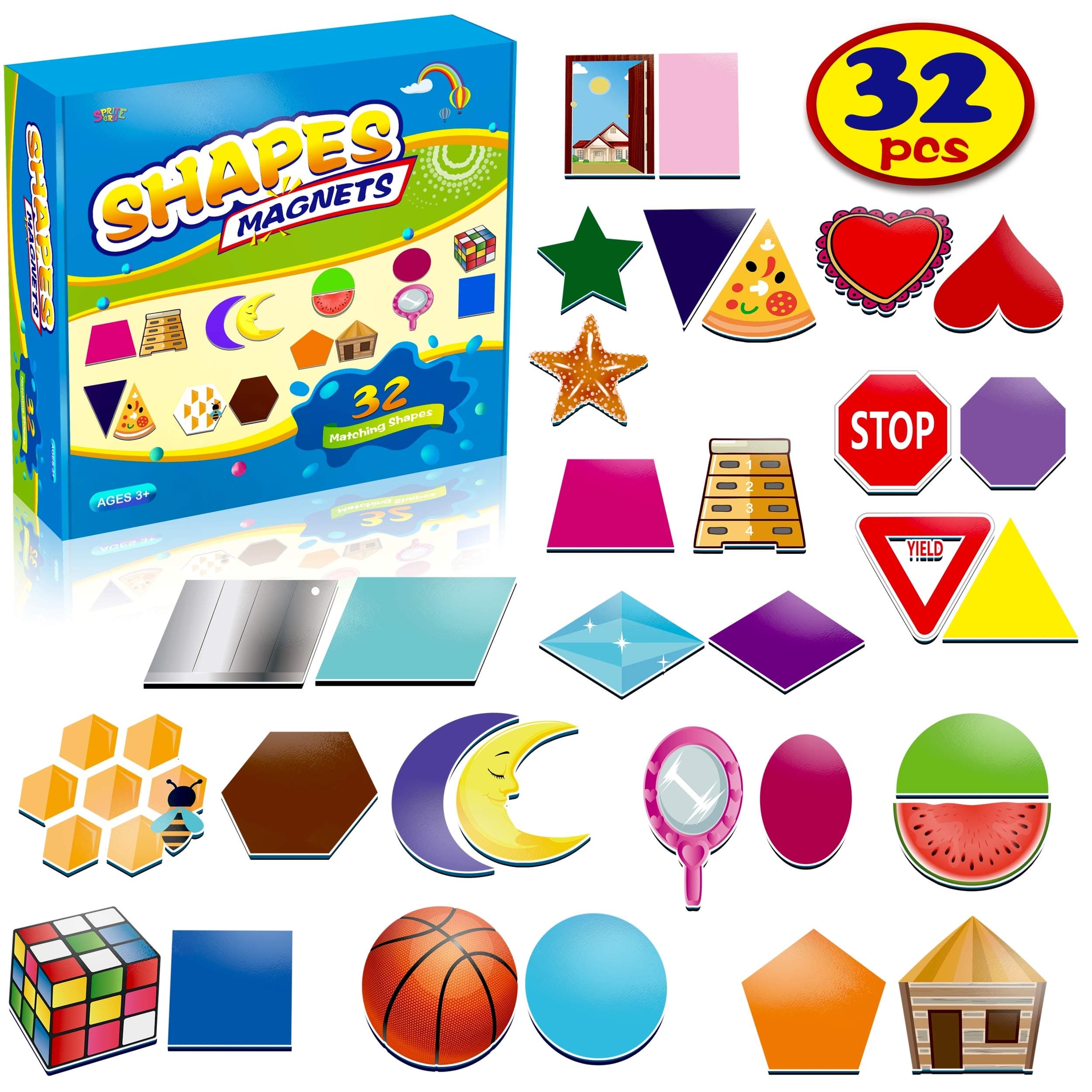 SpriteGru 32 Shape and Color Magnets with Real World Objects for Comparison & Associative Memory, Perfect for Preschool Learning