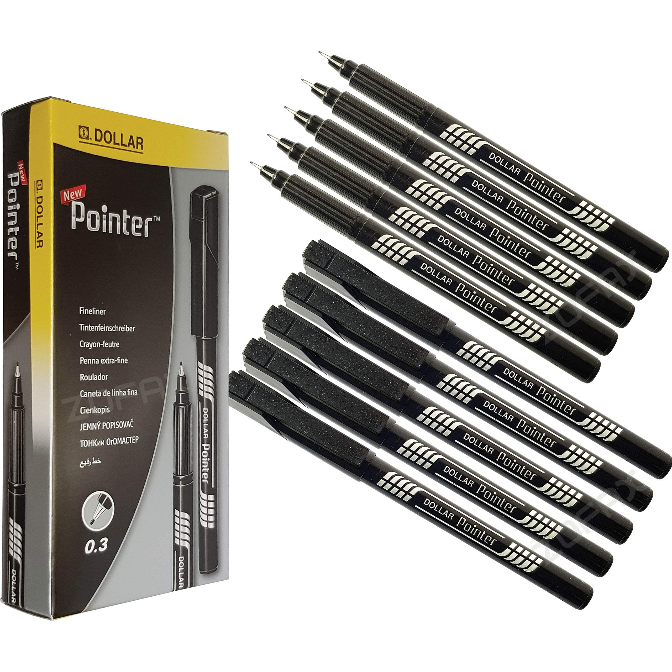 DOLLAR Pointer Plus BLACK Fineliner Fine Line Pens (10 x 0.3mm Fine Pens + 2 x ZOFAX Ball BLACK Pens)
