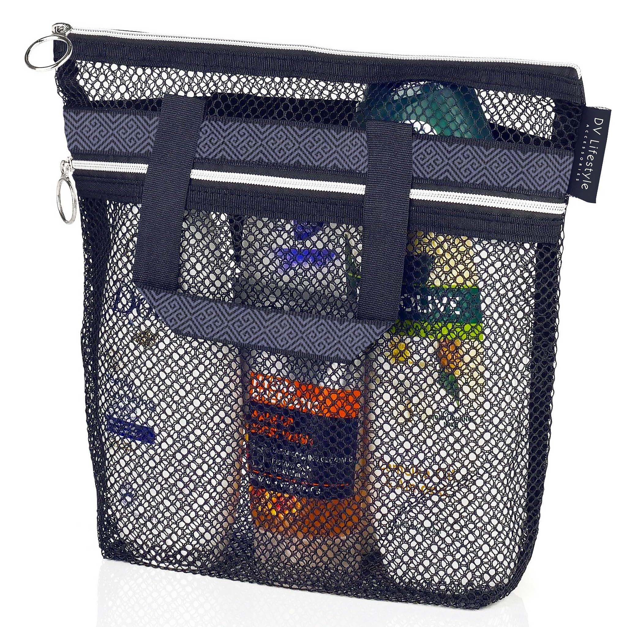DV Lifestyle Mesh Shower Bag 10.2x9.9'' Quick-Dry Caddy with Zipper & 2 Pockets. Portable Toiletry Tote for Bathroom, Gym, Travel, Camp, Beach, for Sunscreen, Dorm & College Essentials (Black)