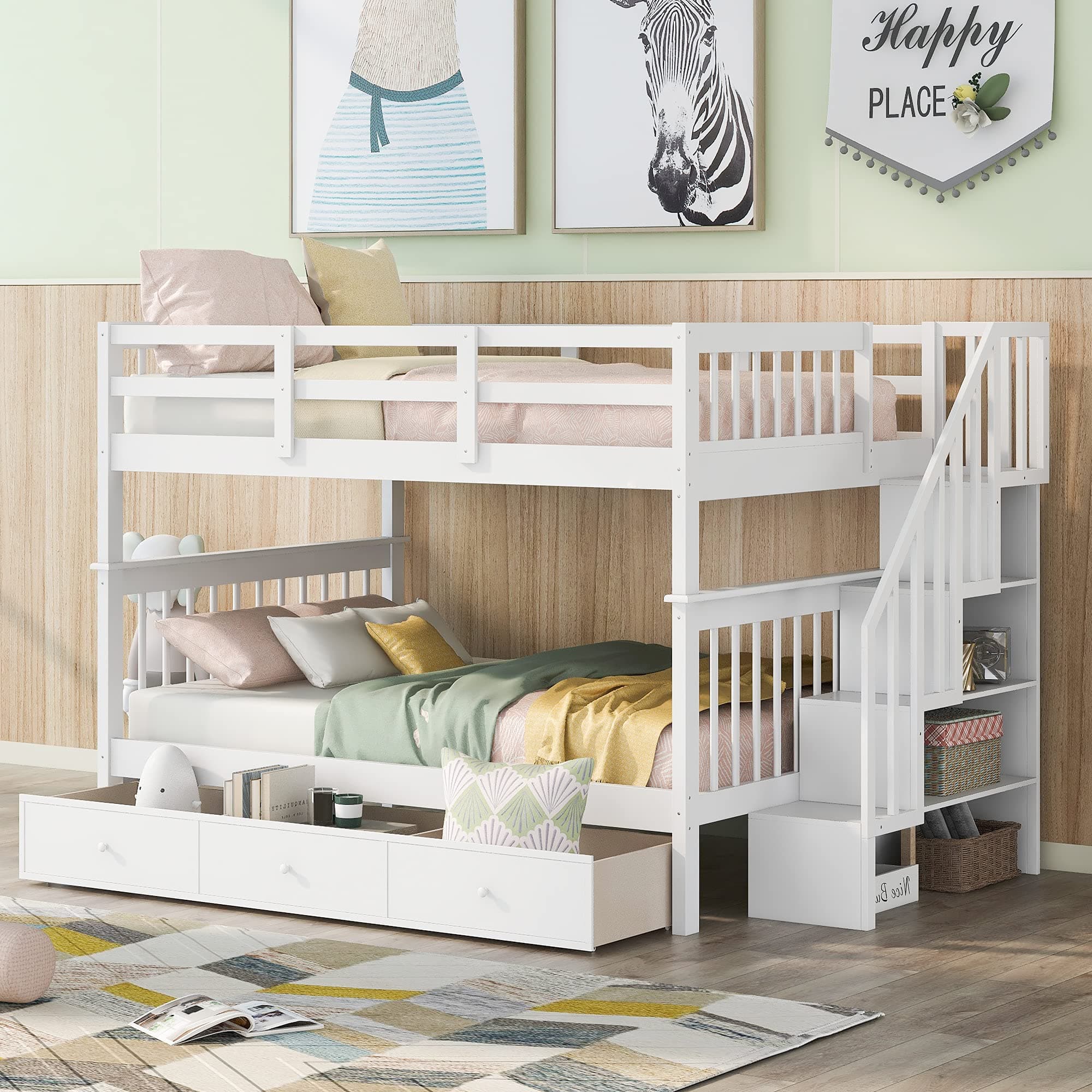 Modern Bunk Bed Full-Over-Full Size with Storage Staircase and Drawer, Solid Wood Full Bunk Bed Frame with Safety Guardrail for Kids Teens Adults, Can be Split into 2 Separate Beds (White-5)