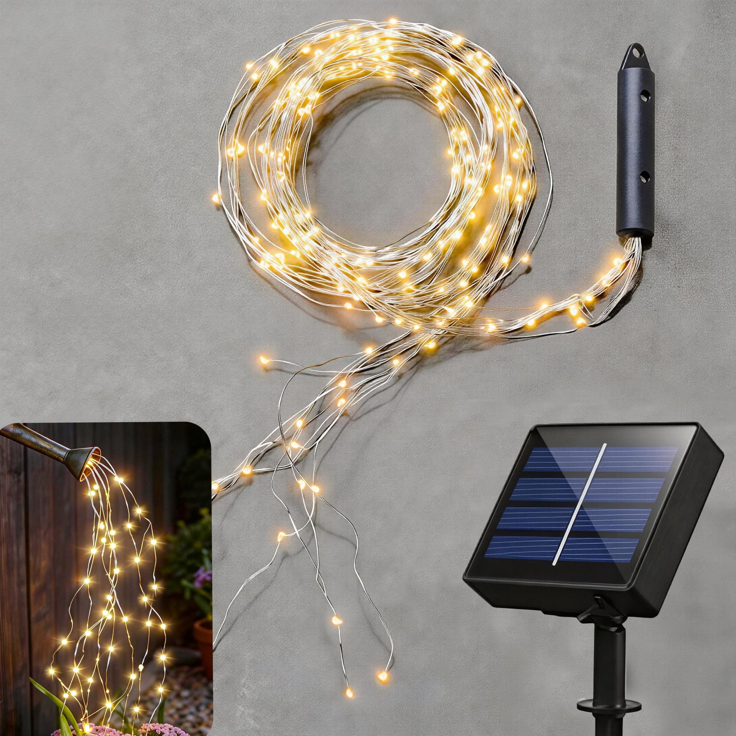 Solar Powered 180 LEDs String Fairy Lights, Multi Strand Watering Can Light Outdoor, Waterproof Waterfall Fairy Lights, Warm White Firefly Bunch Lights