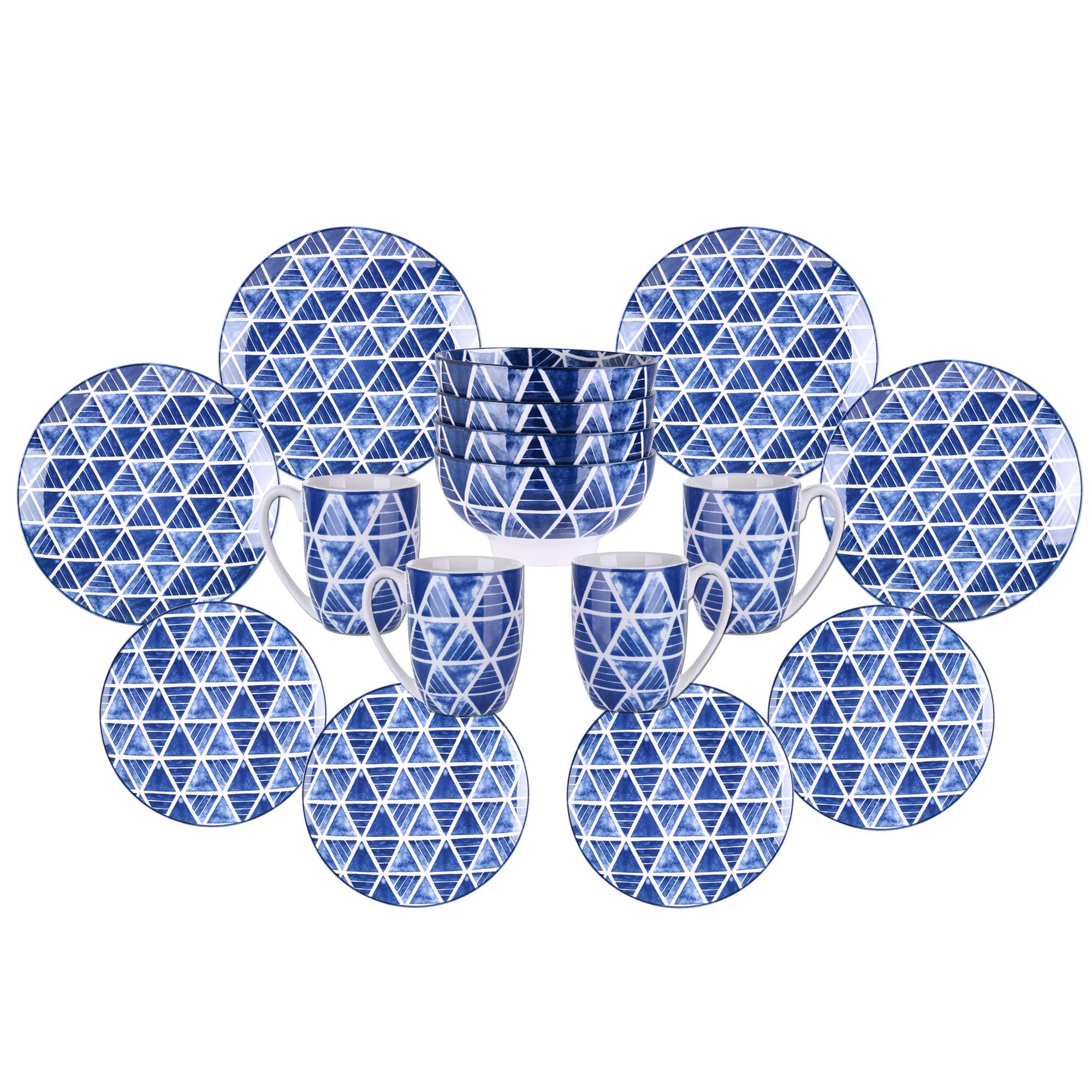 vancasso Porcelain Dinnerware Set For 4, 16 Pieces SASAKI Pattern Serving Ceramic Dinnerware Set with Dinner Plate, Dessert Plate, Cup, Salad Bowl for Family Dinner, Party, Feast - Blue