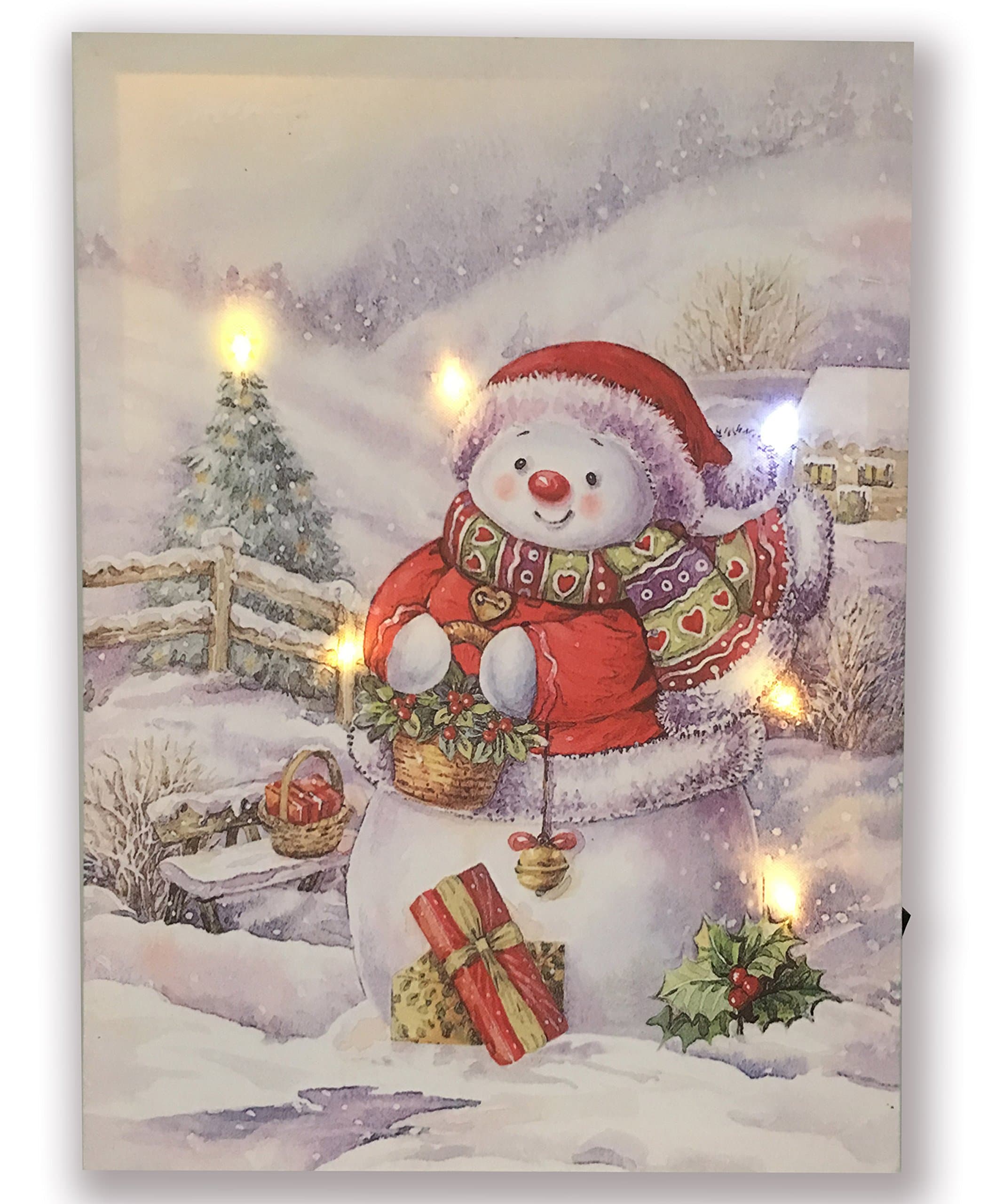 Hong Art-Framed Wall Art Canvas Prints with LED Light Christmas Tree Artwork Snowman Photo -Merry Christmas Series for New Year and Home Decoration 12x16 Inch(7LED Lights) HA-17-CP-050