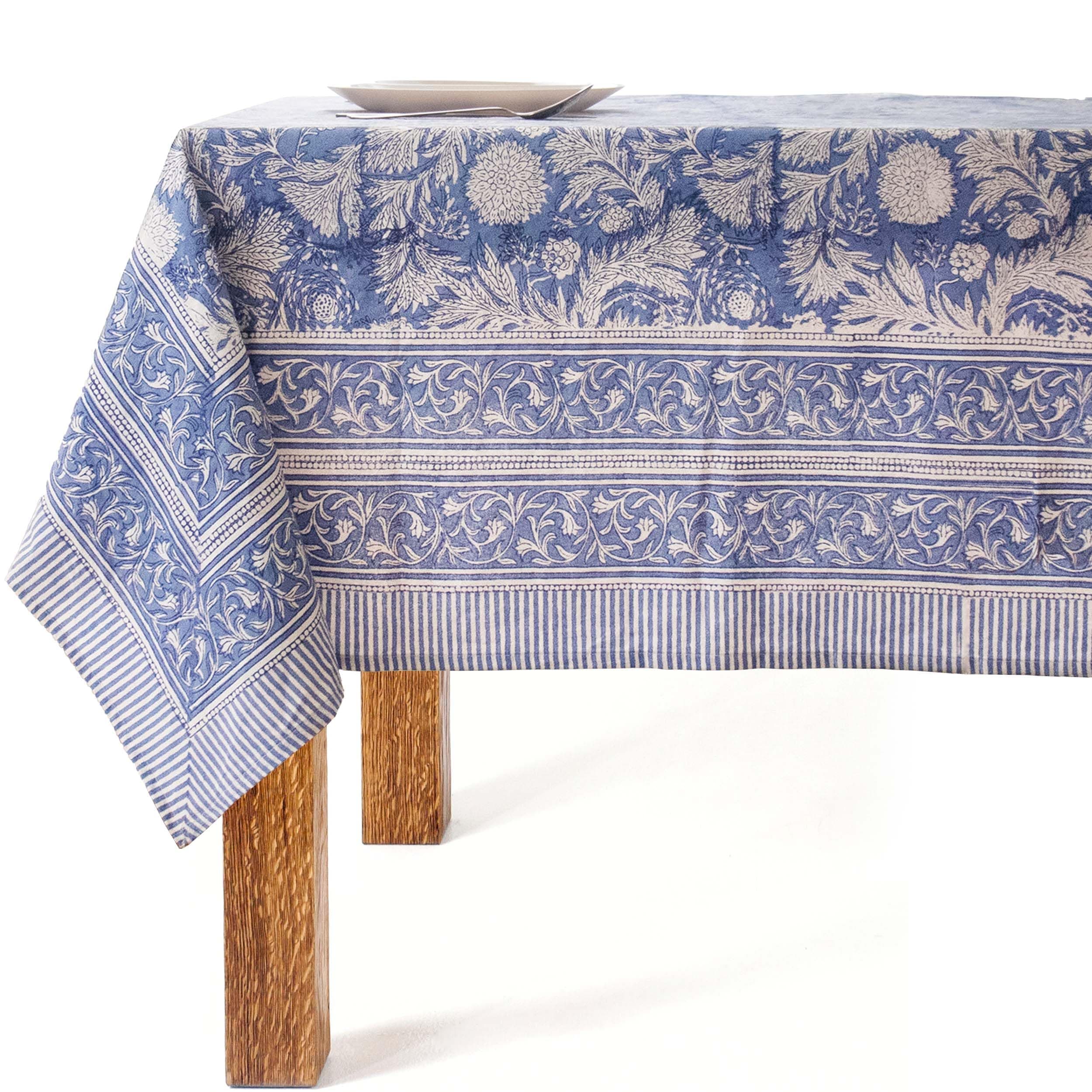 Block Print Tablecloth - 100% Cotton, Rectangle 60x90 Inch, Blue Spring Table Cover, Handmade, Pre-Shrunk, Washable, For Kitchen, Dining, Patio, Indoor & Outdoor, Farmhouse, Housewarming gift