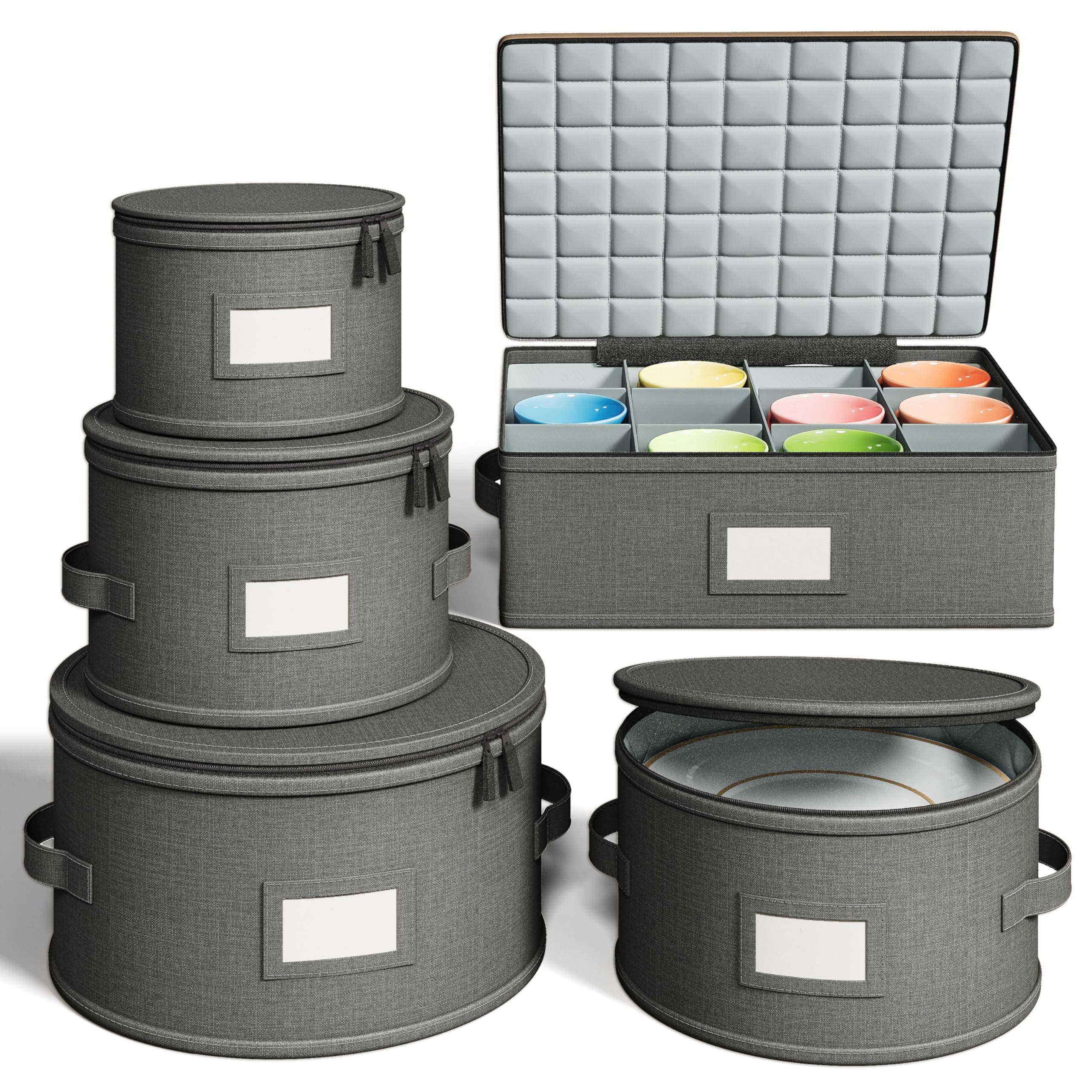 Hard Shell China Storage Containers – 5 Piece Set for Storing Dinner Plates, Salad Plates, Mugs, Quilted Dividers for Safe Moving and Seasonal Storage, Grey
