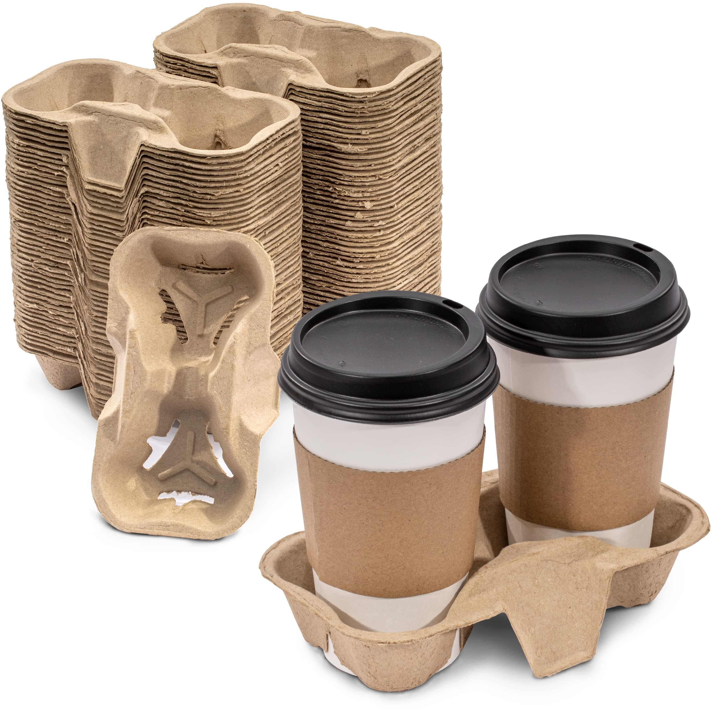 FMP Brands 100 Pack 2 Cup Pulp Fiber Drink Carrier Trays, Biodegradable Cup Holder Carrier for Hot and Cold Drinks, Disposable Drink Carrier for Delivery, Uber Eats, Coffee Shops