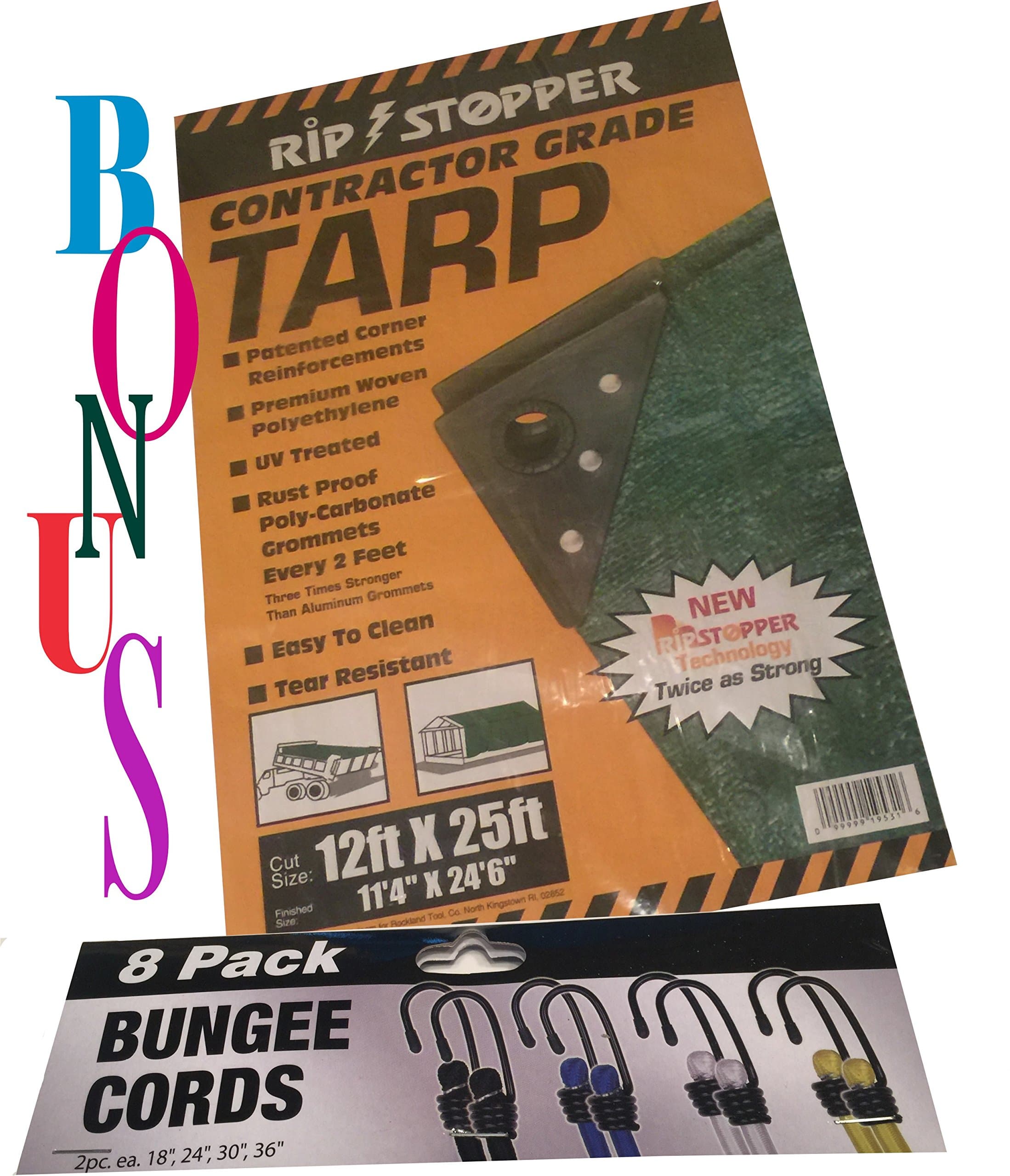 Tarp 12ft X 25ft Contractor Grade / 8 Pack Bungee Cords