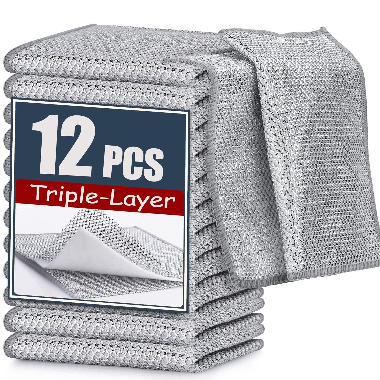 Navona New Upgraded Triple-Layer Wire Dishcloth, 12-Pack Soft Non-Scratch Wire Cleaning Cloths, Suitable for Non-Stick Cookware, Sinks, Dishes, Stove Tops, Easy Rinsing, Durable.