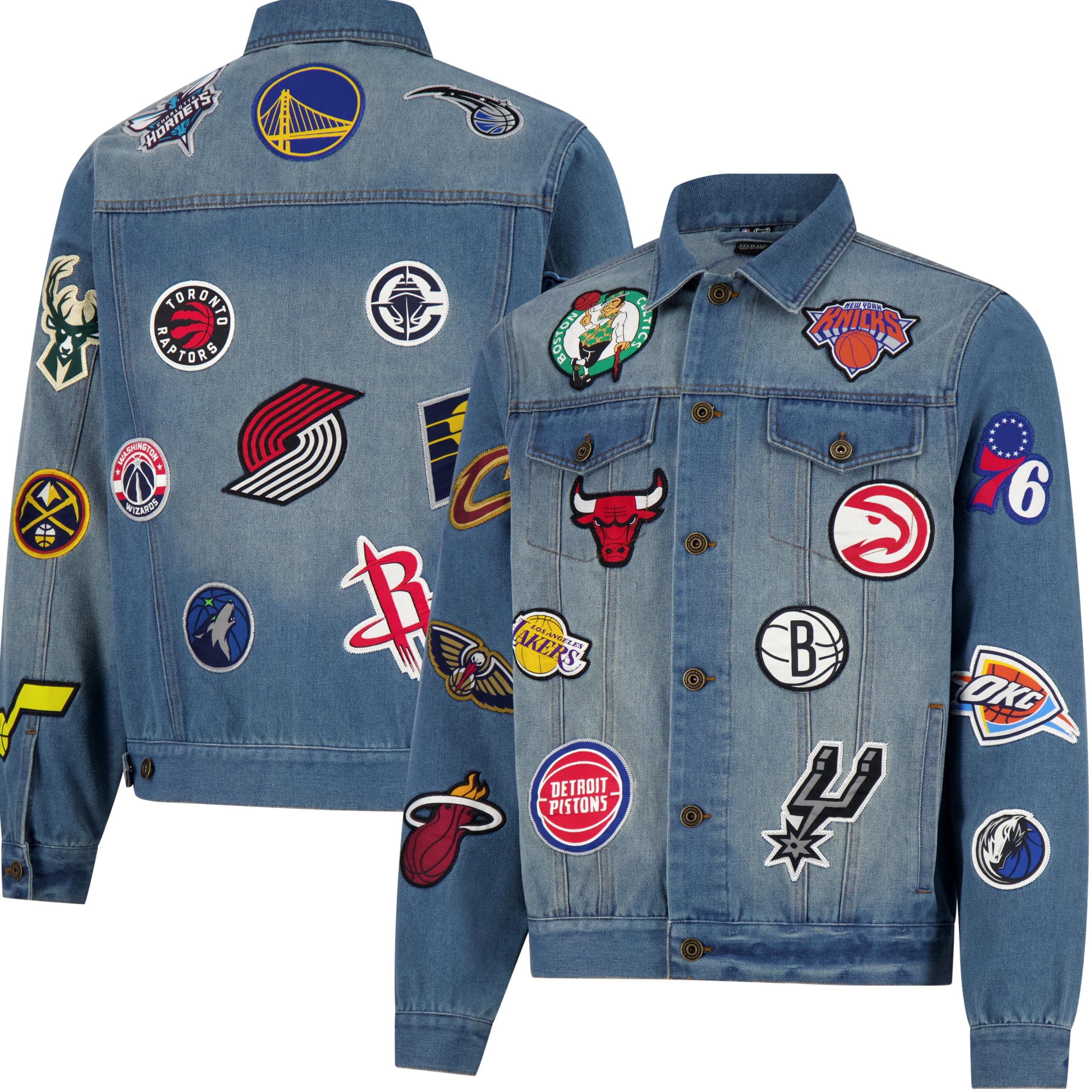Ultra Game Men's NBA Official Distressed Multi-Team Denim Patch Jean Jacket