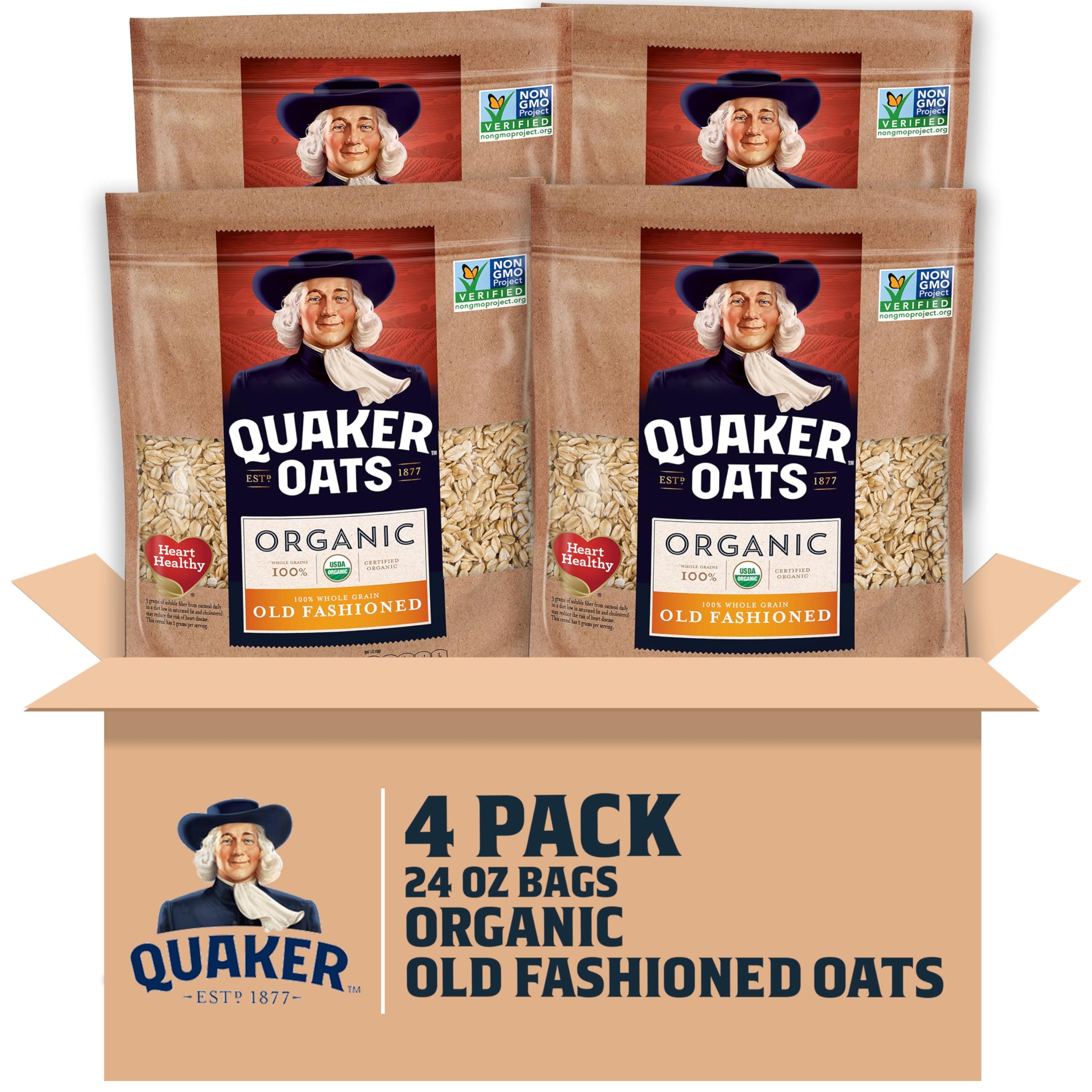 Quaker Old Fashioned Rolled Oats, USDA Organic, Non GMO Project Verified, 24oz Resealable Bags (Pack of 4)