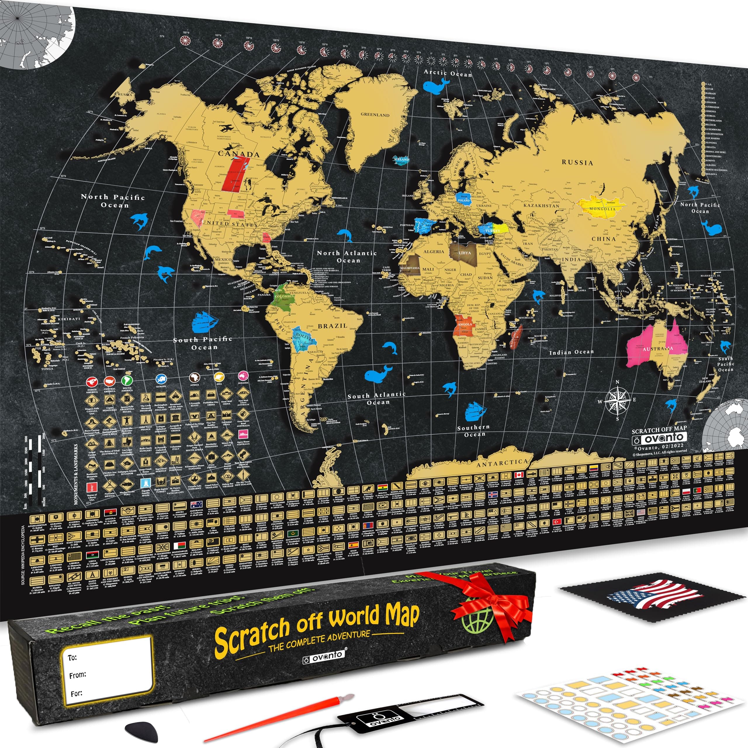 OVANTO Scratch Off World Map - 17x24 World Map Poster, The Only Travel Map with Super Easy Scratch Foil, Flags, Capitals, Population, Monuments, Landmarks, Time Zones. Extra Accessories in a Gift Box