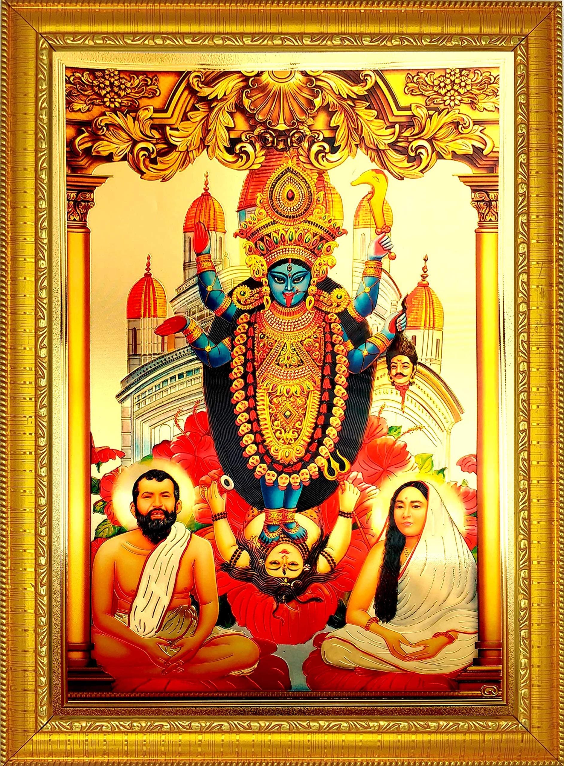 ADA Handicraft Mata Kali Mahakali Devi With Sri Ramkrishna Paramhansa Sarada Devi Hindu Religious Wood Photo Frame For Wall Kali Puja Shyama Puja Mahanisha Puja (35 x 25 x 1 cm, Multicolour)