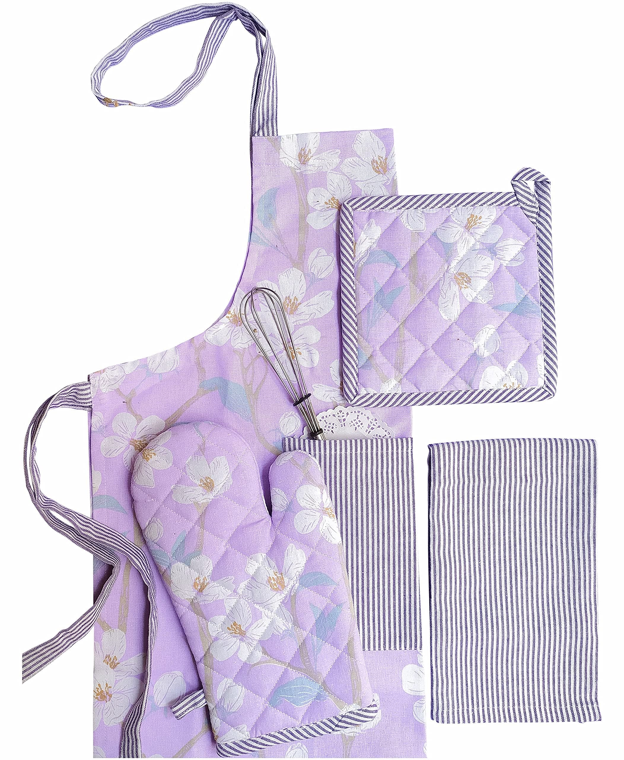 PIXEL HOME DECOR Printed Apron With Oven Mitt and Pot Holder with Kitchen Towel - Cherry Blossom Collection (Lilac Blossom)